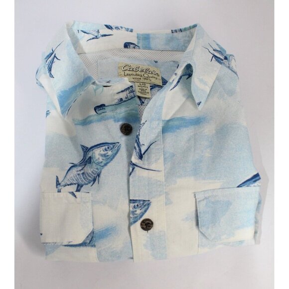 Cabela's Fishing Button Down Shirt Mens L Blue White Vented Relaxed Fit Athletic - Picture 10 of 10